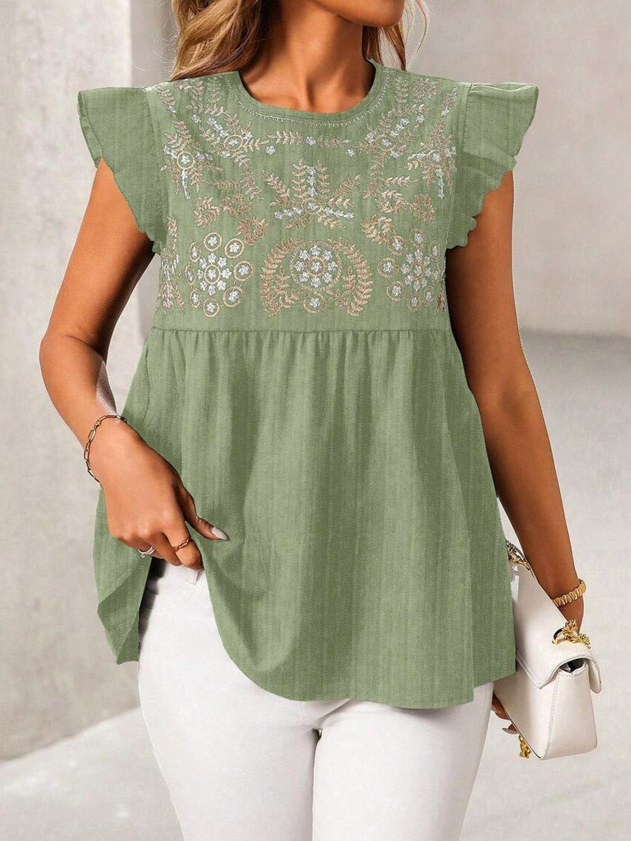 Women's Casual Ruffled Stylish Embroidered Art Round Collar Loose Shirt