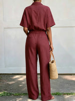 Women's Casual Loose Zip Short Sleeve Pockets Cotton Linen Jumpsuit