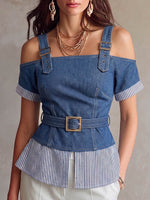 Women's Square-neck Short-sleeve Casual Loose-fit Top With Denim Patchwork And Striped Print