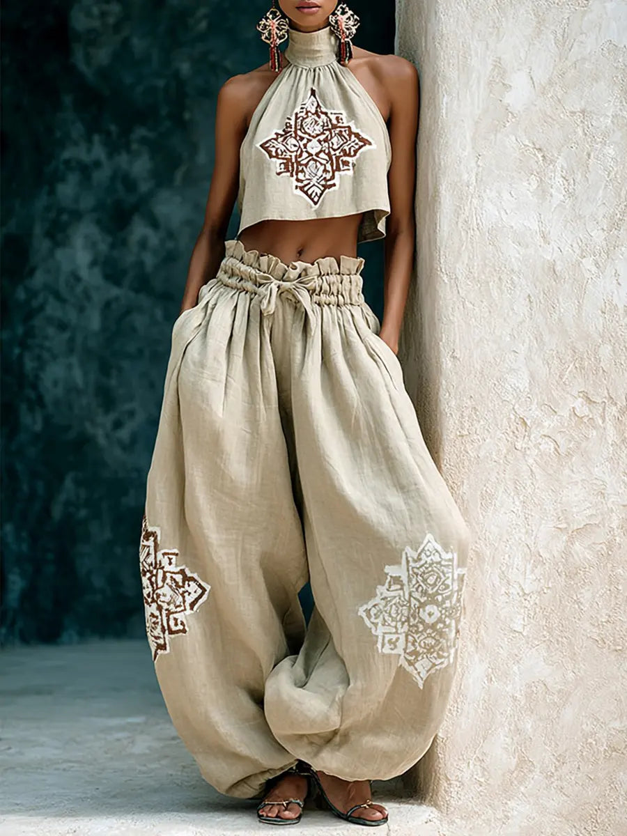 Vintage Khaki Linen Halter & Voluminous Trousers