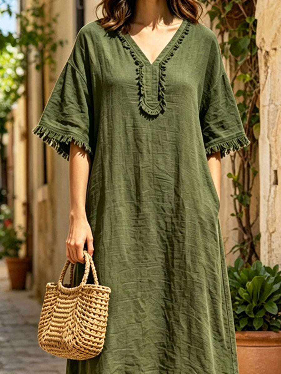 Women's Casual Stylish V-Collar Short Sleeve Cotton Linen Midi Dress