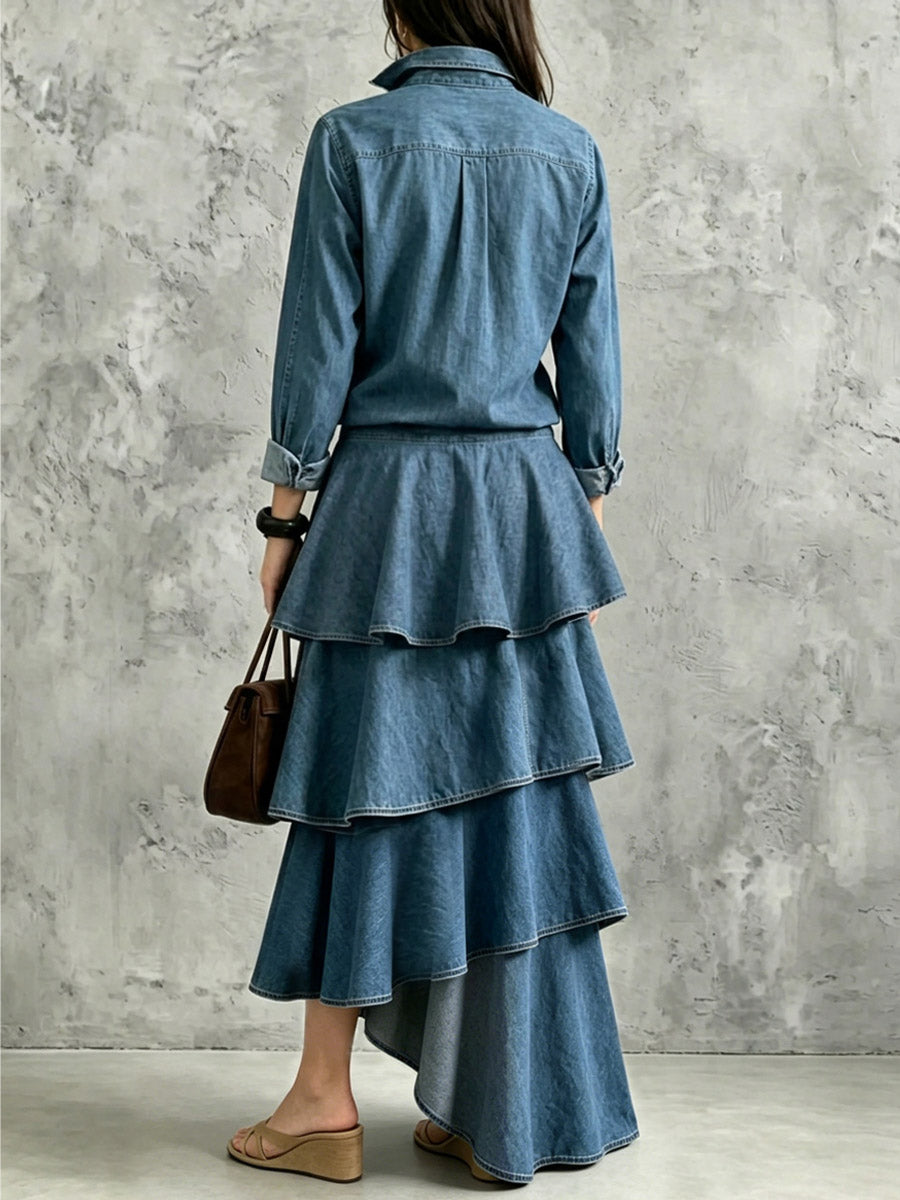 Women's Asymmetrical Ruffle Hem Art Casual Stylish Long Sleeve Maxi Denim Dress