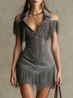 Women's Retro Hot Off-shoulder Fringe Art Zip Casual Short Dress