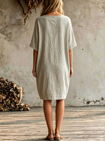 Women's Art Casual Pockets Short Sleeve Cotton Linen Midi Dress