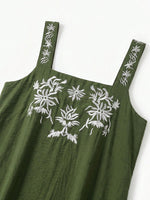 Vintage-style Embroidered Cotton-linen Maxi Dress—square Neck, Sleeveless, Loose-fitting, And Casual