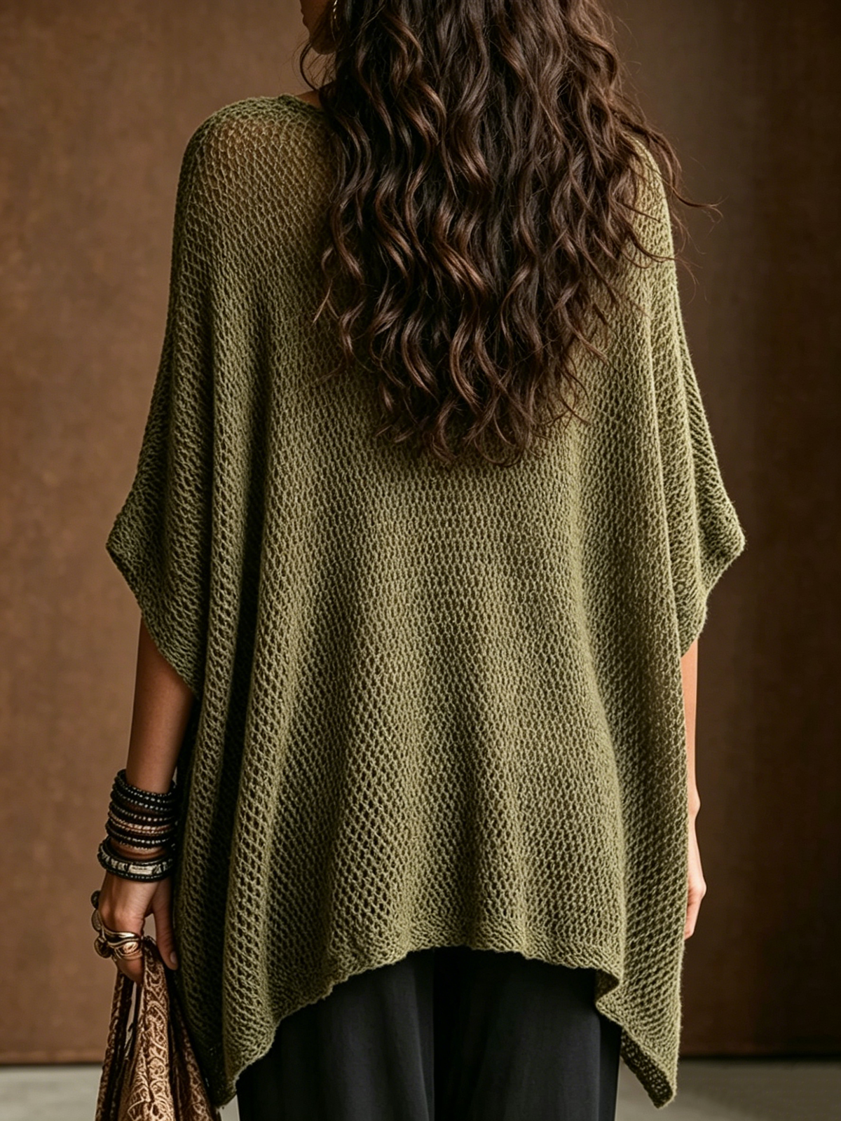 Open-knit Batwing-sleeve Pullover With An Asymmetrical Hem