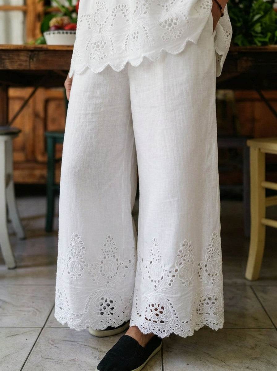 Womens Braided Neck Eyelet Embroidery Sleeveless Cotton Linen Two Piece Pant Set