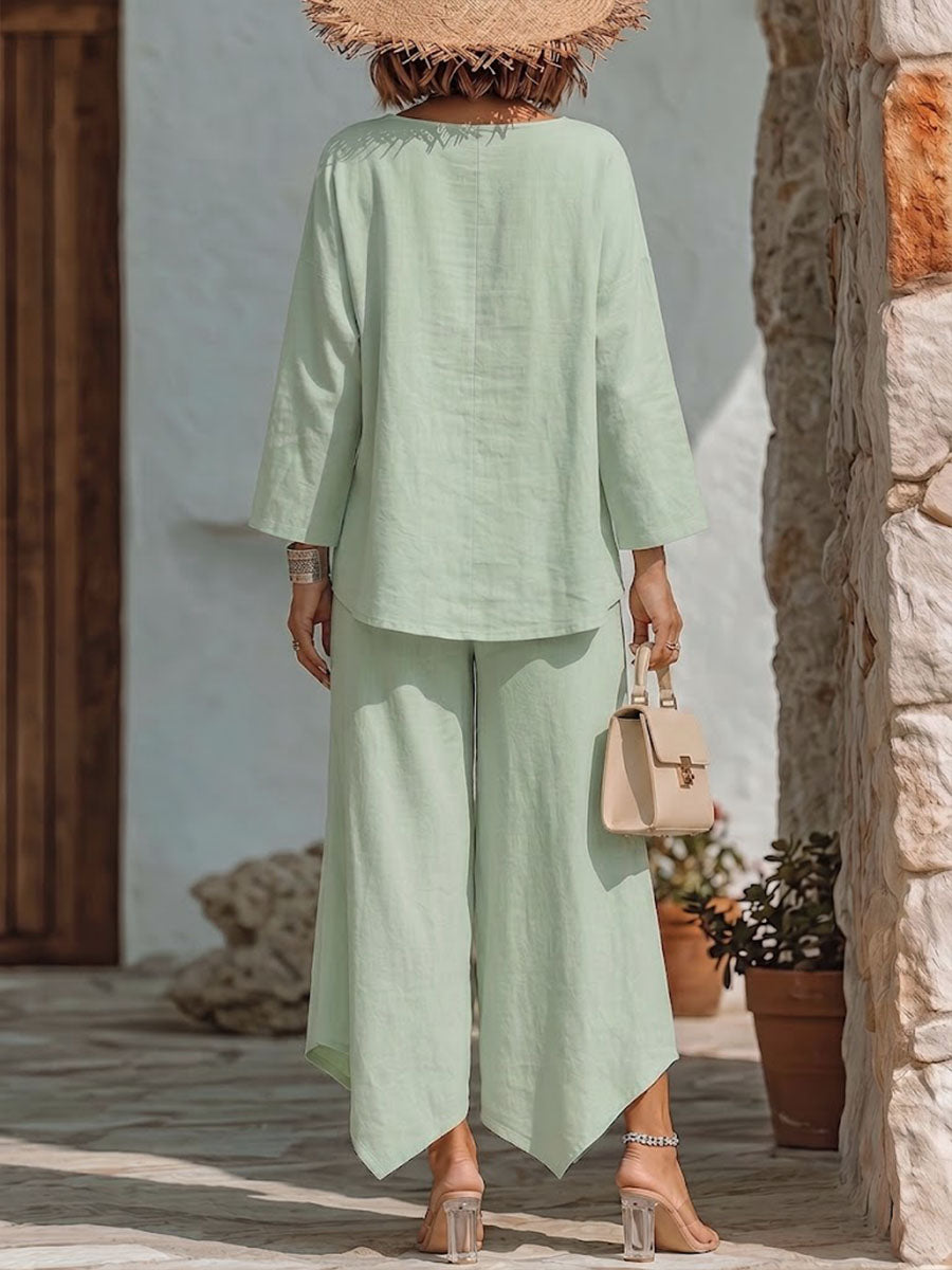 Women's Solid-color Cotton-linen Set: Loose Long-sleeve Crew-neck Top & High-waisted Wide-leg Pants