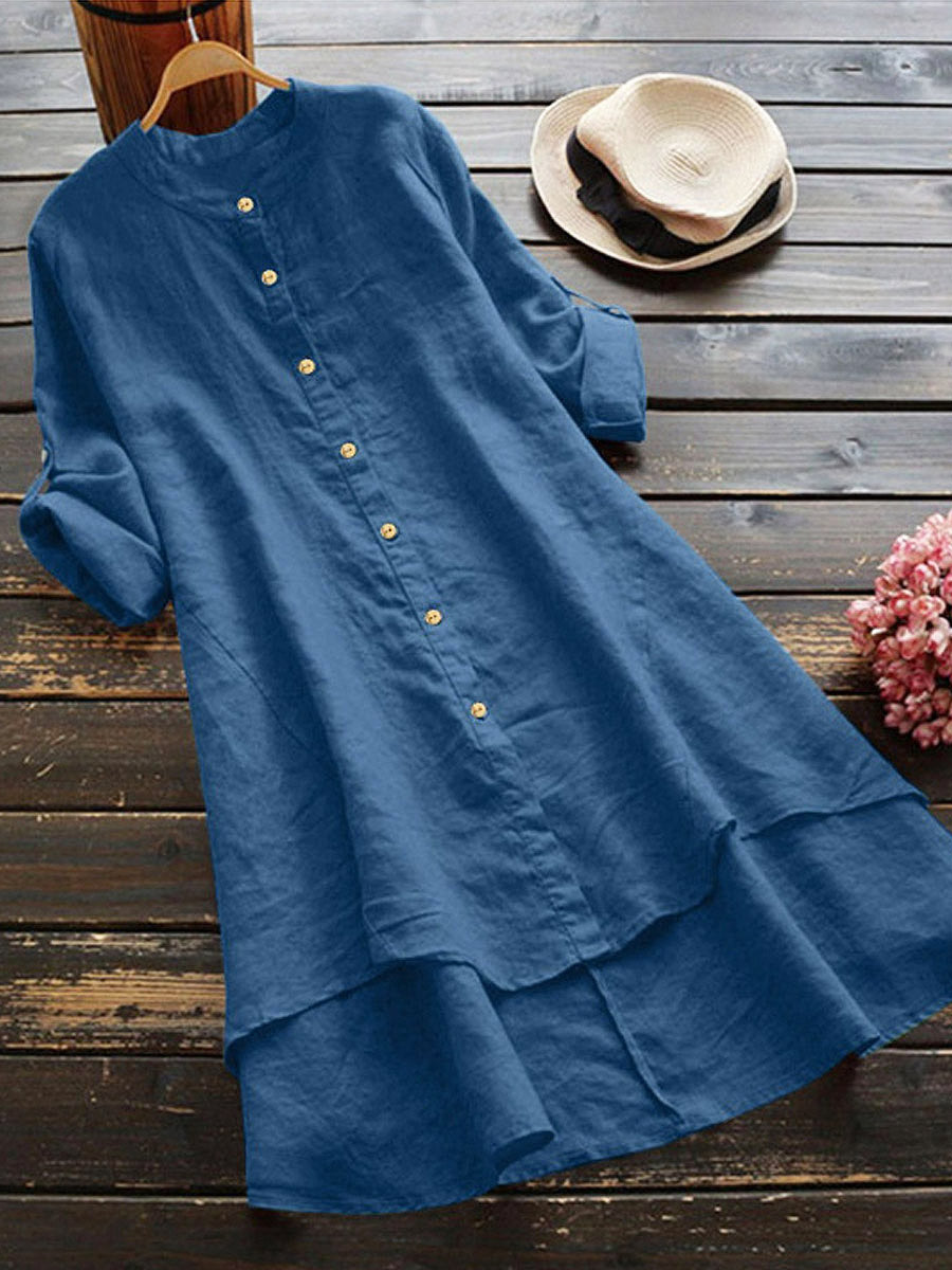 Women's Solid Color Stylish Art Casual Long Sleeve Cotton And Linen Dress