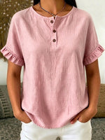 Minimalist Linen-cotton Short-sleeve Henley Top