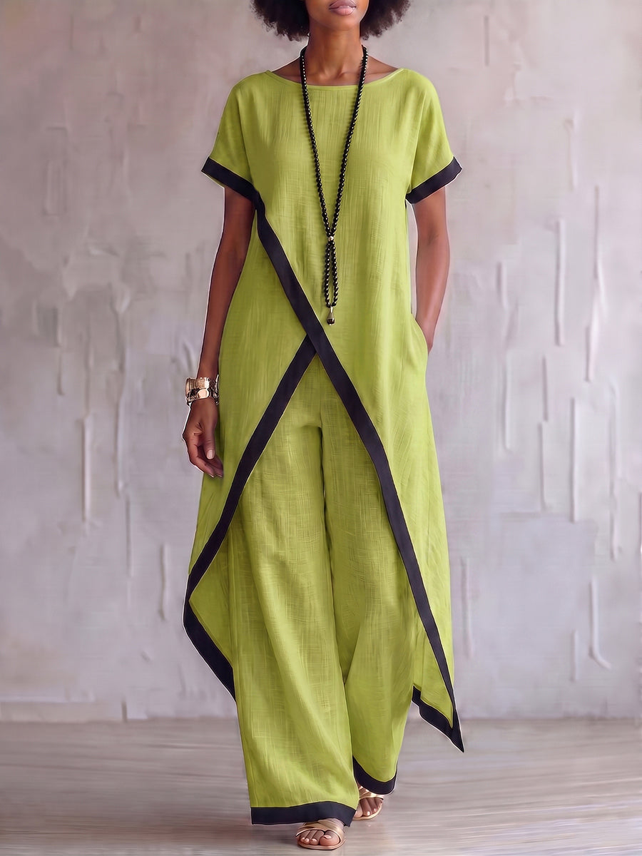 Stylish Resort Wear Cotton-linen Two-piece Set With Elegant Color-contrast Trim