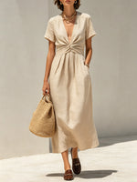 Women's Twist Art Casual Stylish V-collar Short Sleeve Cotton Linen Midi Dress