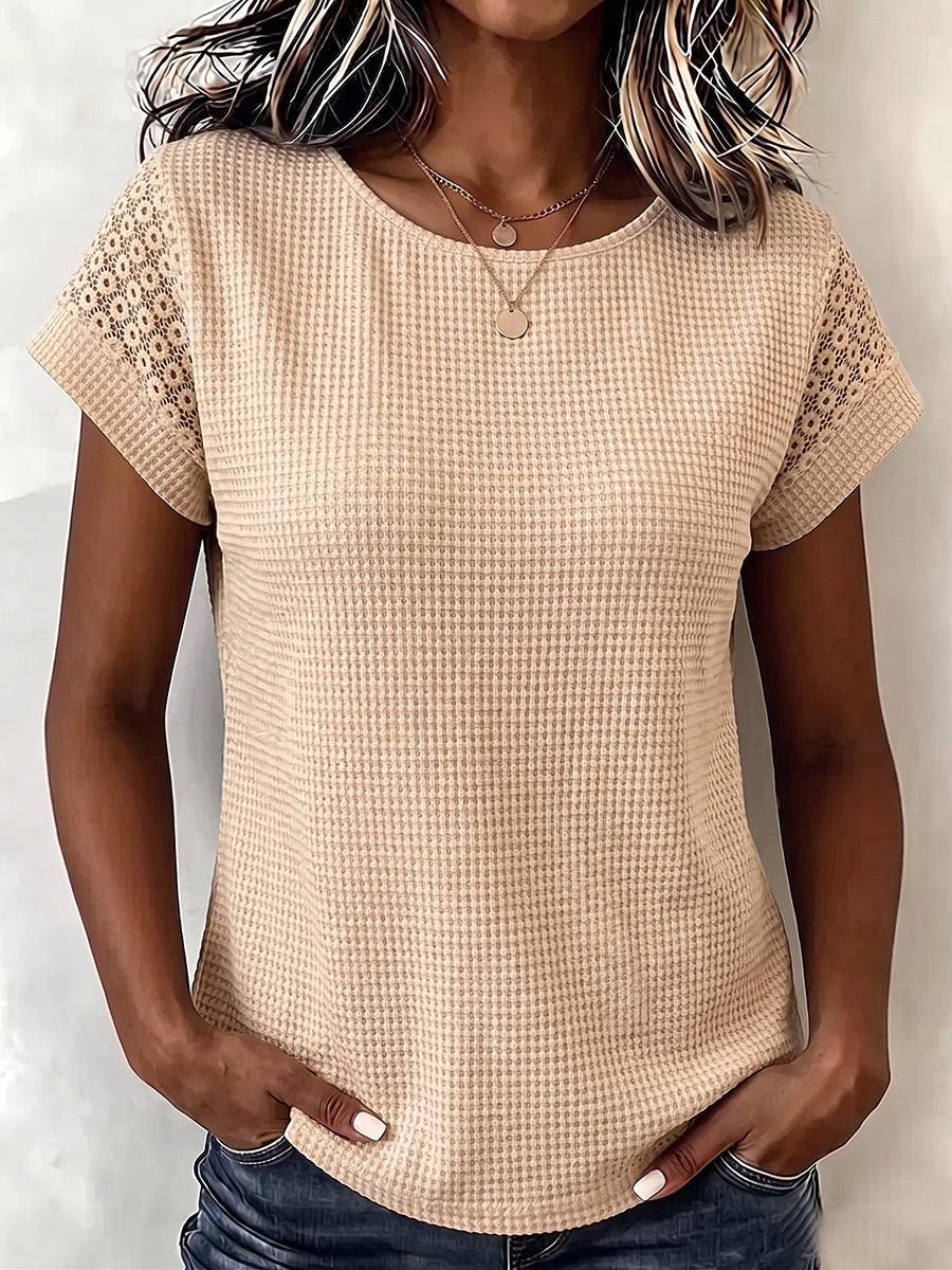 Cozy Waffle Knit Lace Patchwork Top