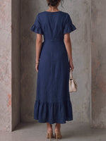 Women's Solid Color V-neck Short-sleeve Casual Loose Cotton-linen Ruffle Dress