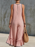 Boho-style Striped Cropped Jumpsuit With Denim Color-contrast Trim