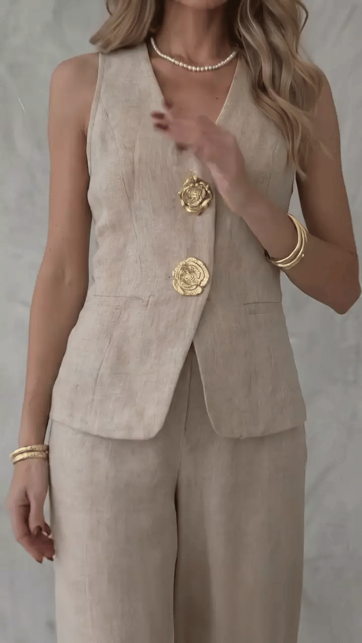 V-neck Sleeveless Vest And Trousers With Slits, Wide-leg Suit.