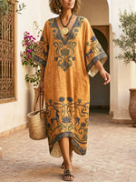 Women's Floral Art Print Casual Stylish V-collar Short Sleeve Cotton Linen Maxi Dress