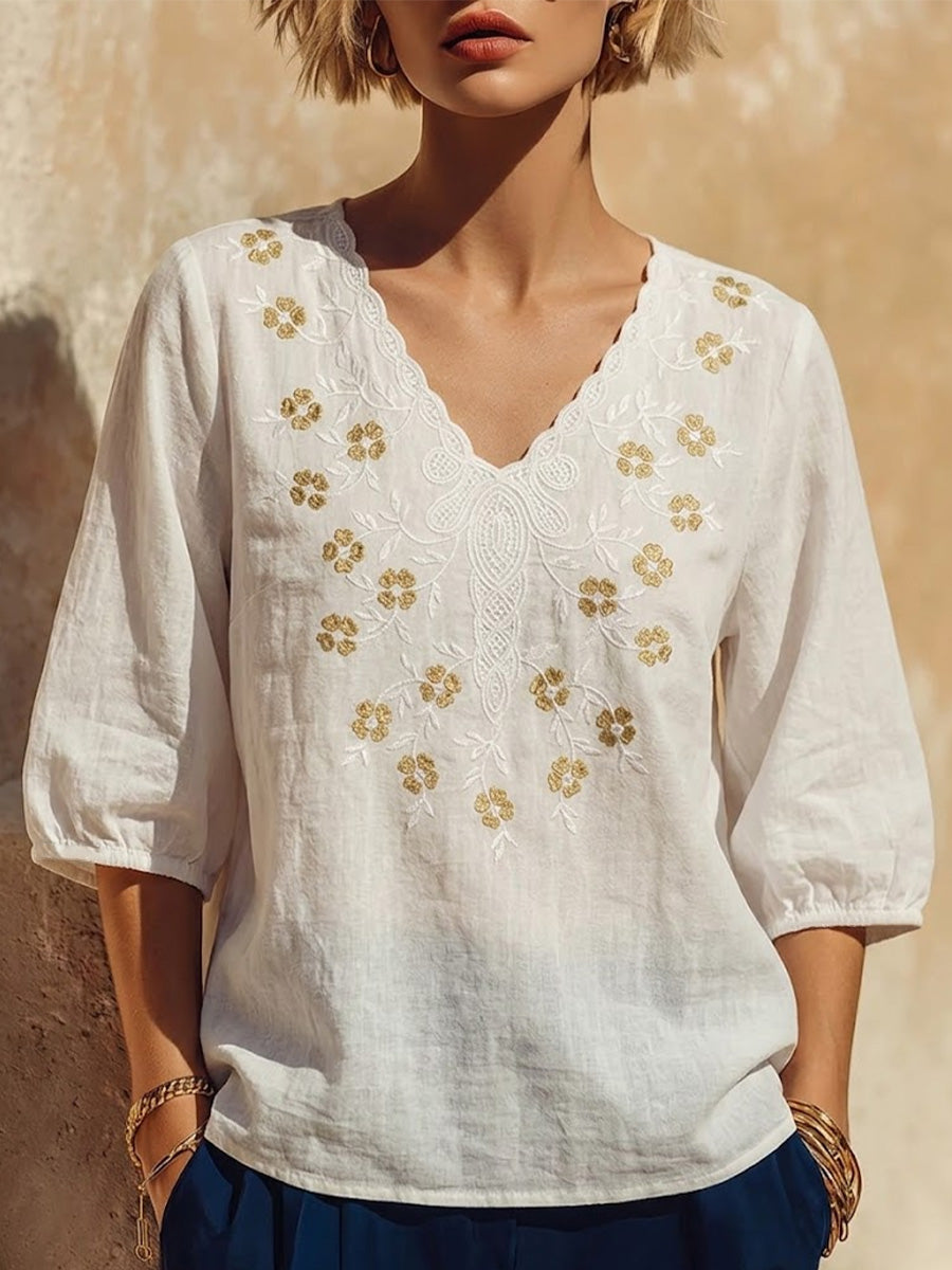 Scalloped V-neck Floral Embroidered Cotton-linen Top With 3/4 Puff Sleeves