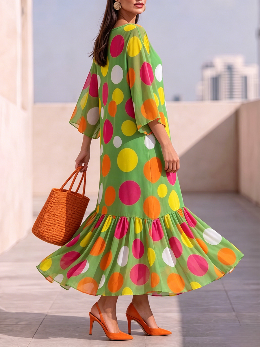 Elegant Chiffon Dress With Artistic Polka-dot Print