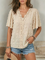Short-sleeve Casual V-neck Swiss Dot Blouse With Lace Trim