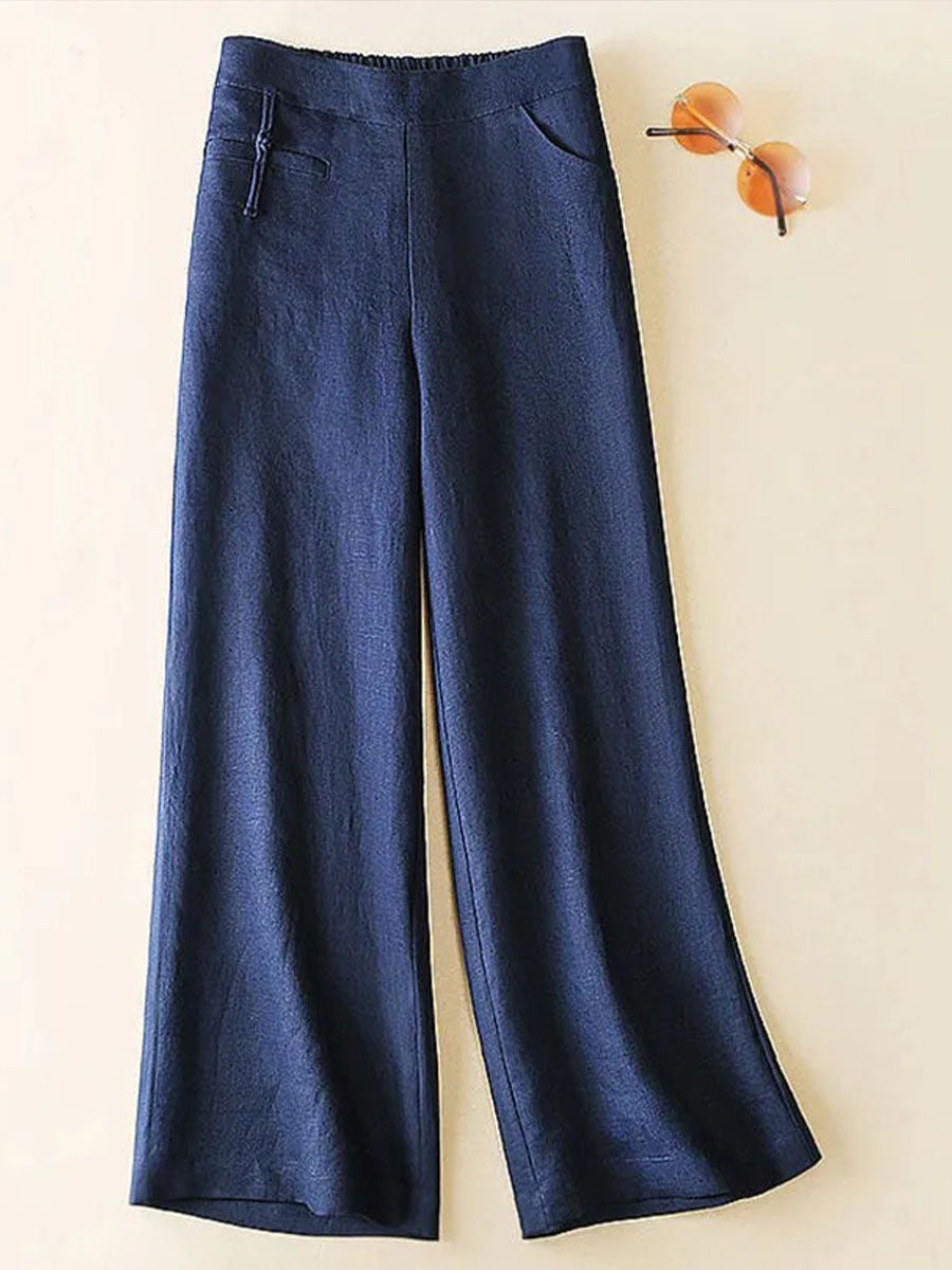 Women's Solid-color High-waisted Loose-fit Cotton-linen Wide-leg Casual Pants