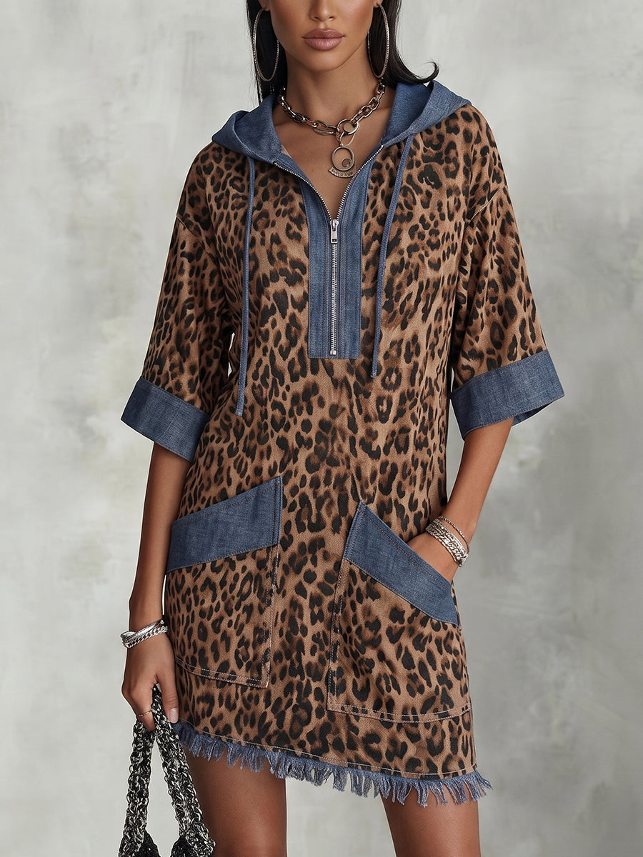 Casual Leopard-print Panel Denim Hoodie Dress