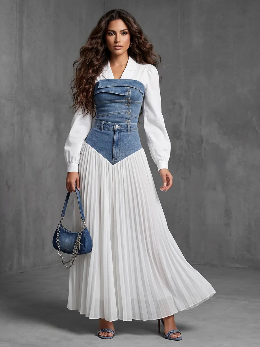Modern Denim Corset & Flowing Pleated Skirt Set