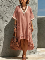 Pink Cotton-linen Midi Dress Featuring White Trim, A V-neck, Short Batwing Sleeves, And An Asymmetrical Ruffled Hem.