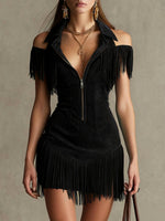 Women's Retro Hot Off-shoulder Fringe Art Zip Casual Short Dress