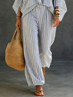 Women's Striped Art Casual Long Sleeve Top And Pants Cotton And Linen Two-piece Set