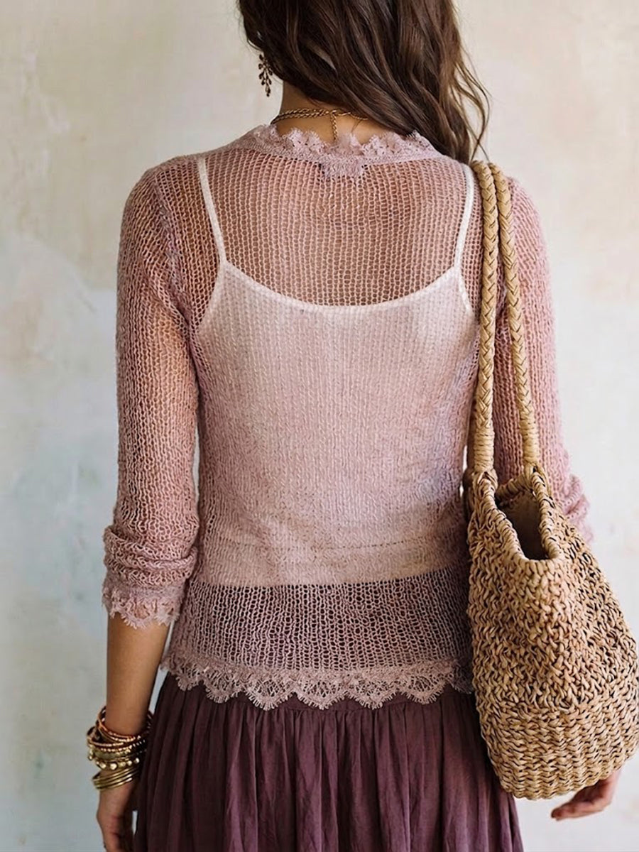 Cozy And Casual Knit Cardigan With Lace Paneling