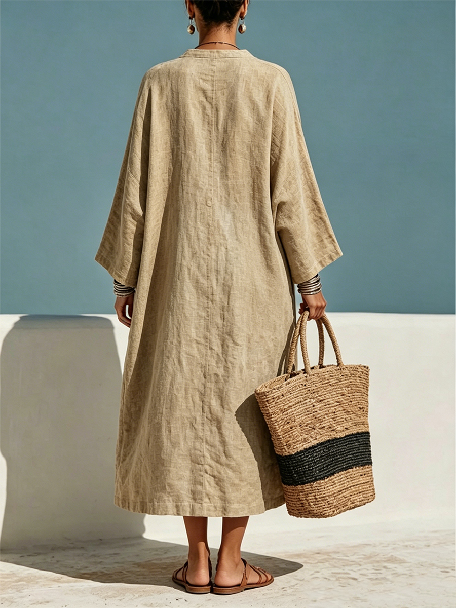 Loose, Mid-length Dress Featuring A Stand Collar, Partial Button Placket, Three-quarter Sleeves, And Contrasting Patch Pockets