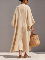 Minimalist Beige Cotton-linen Zip-front Caftan Maxi Dress
