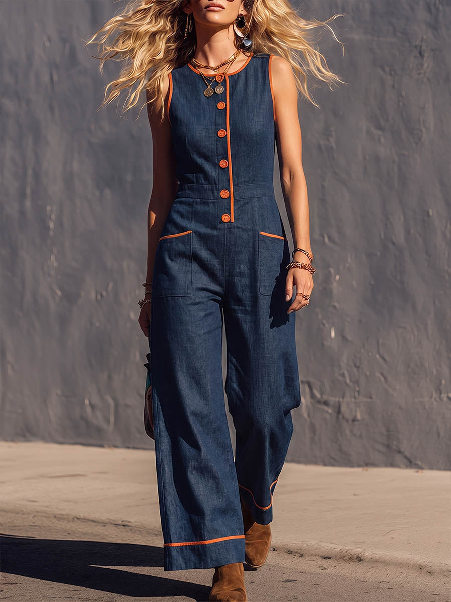 Women's Casual Loose-fit Cotton-linen Jumpsuit With Round Neck And Sleeveless Design
