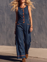 Women's Casual Loose-fit Cotton-linen Jumpsuit With Round Neck And Sleeveless Design