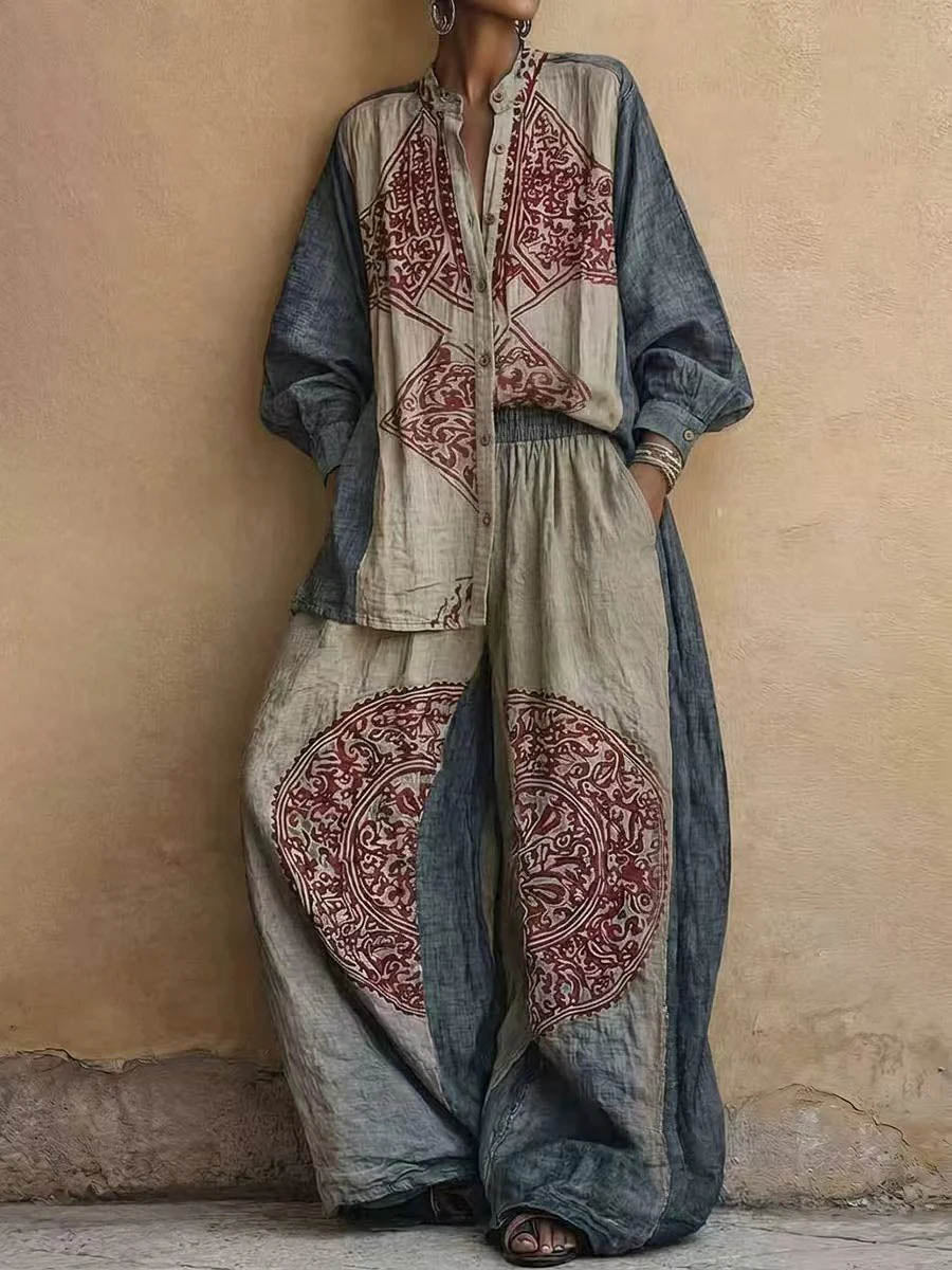 Women's Vintage Placement-print Cotton-linen Set: Long-sleeve Stand-collar Loose Top & High-waisted Wide-leg Pants