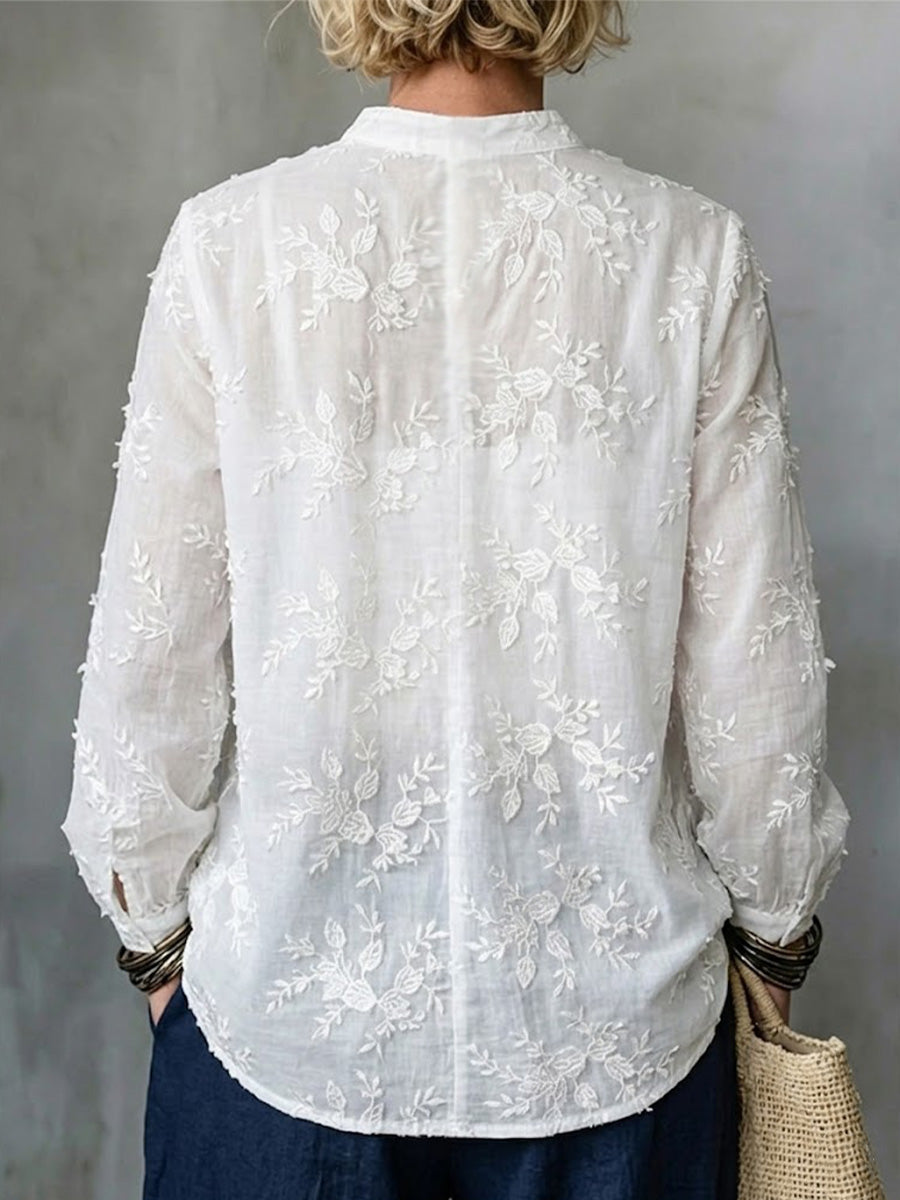 Bohemian-style Linen Shirt Featuring 3d Floral Embroidery, A Stand Collar, And Long Sleeves With Roll-up Functionality—a Casual Top