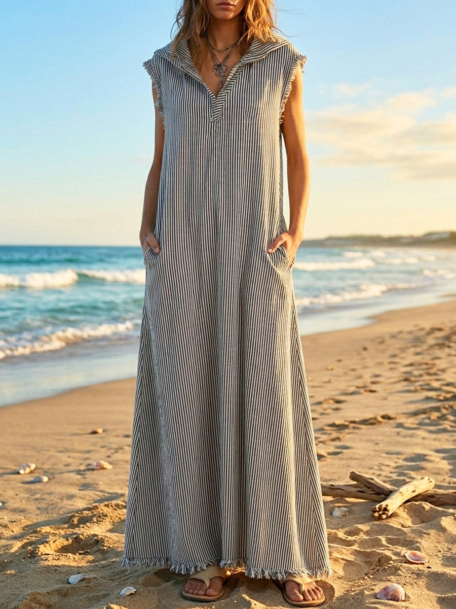 Women's Striped Art Casual Stylish Sleeveless Cotton Maxi Dress