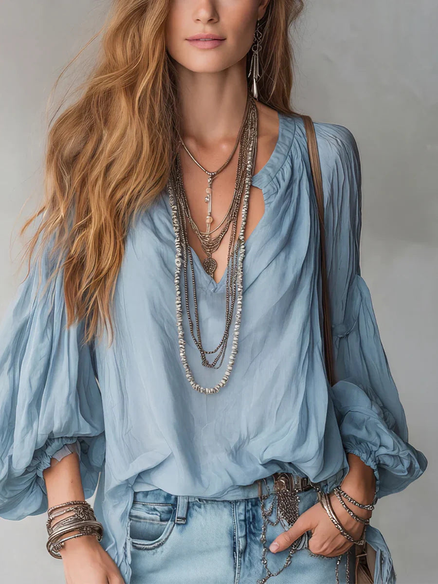 Women's Casual Loose Long Sleeve Art Round V Collar Shirt
