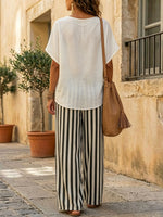 Women's Cowl Neck Art Comfortable Casual Top And Striped Pants Cotton Linen Two-piece Set