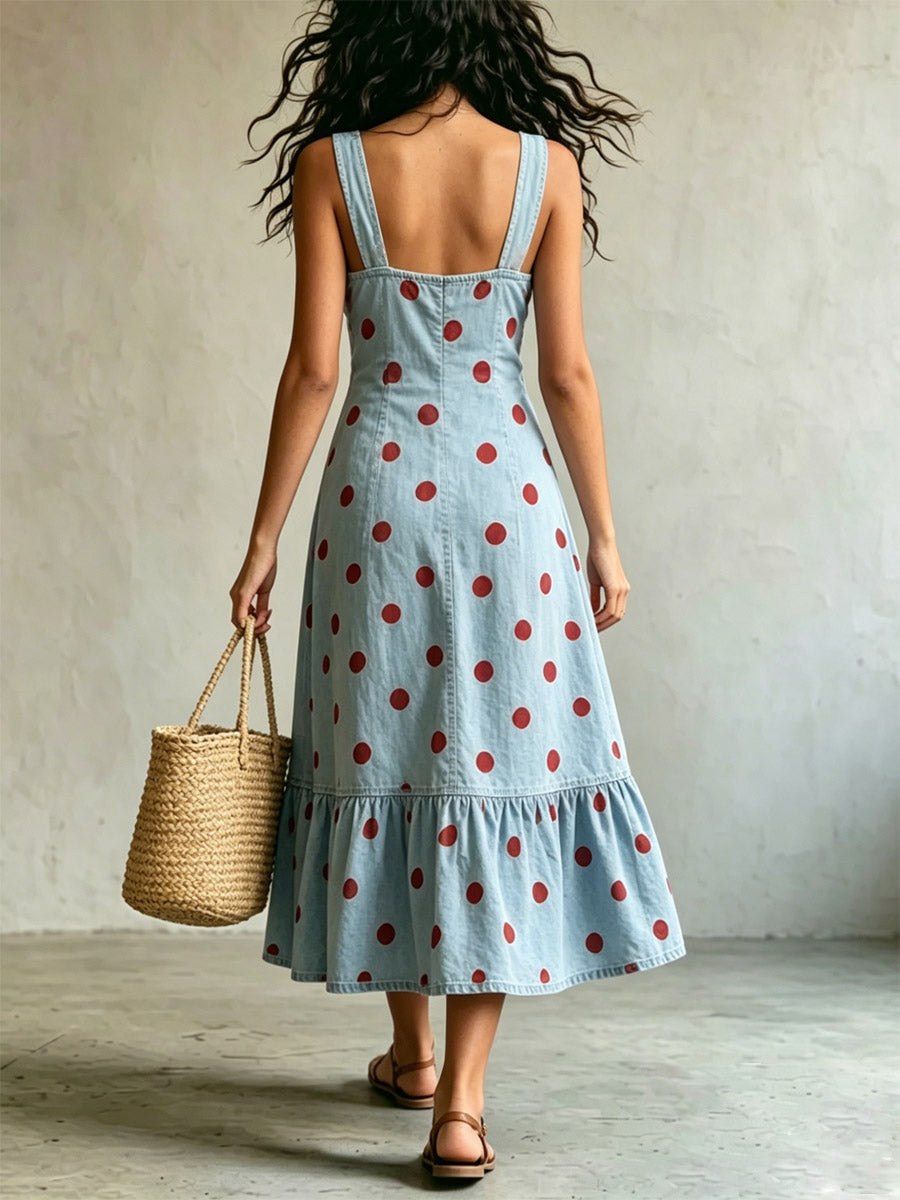 Women's Polka Dot Pattern Art Casual Sleeveless Denim Dress