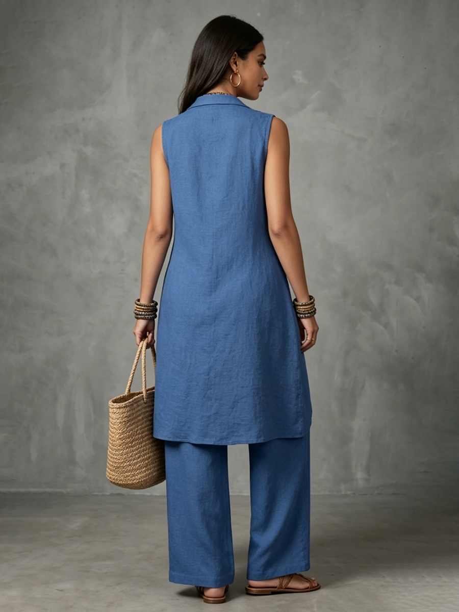 Minimalist Elegant Cowl-neck Cotton-linen Two-piece Set