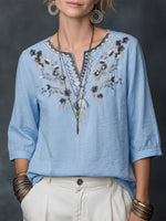 Flower Embroidery V-neck Seven Fold Pleated Sleeve Cotton Linen Blend Top