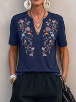 Short-sleeve Cotton Top With Colorful Floral Embroidery, Lace Trim, And A Small Open V-neck