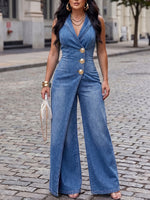Timeless Elegance-Metal-button Stretch Denim Wide-leg Blazer Jumpsuit
