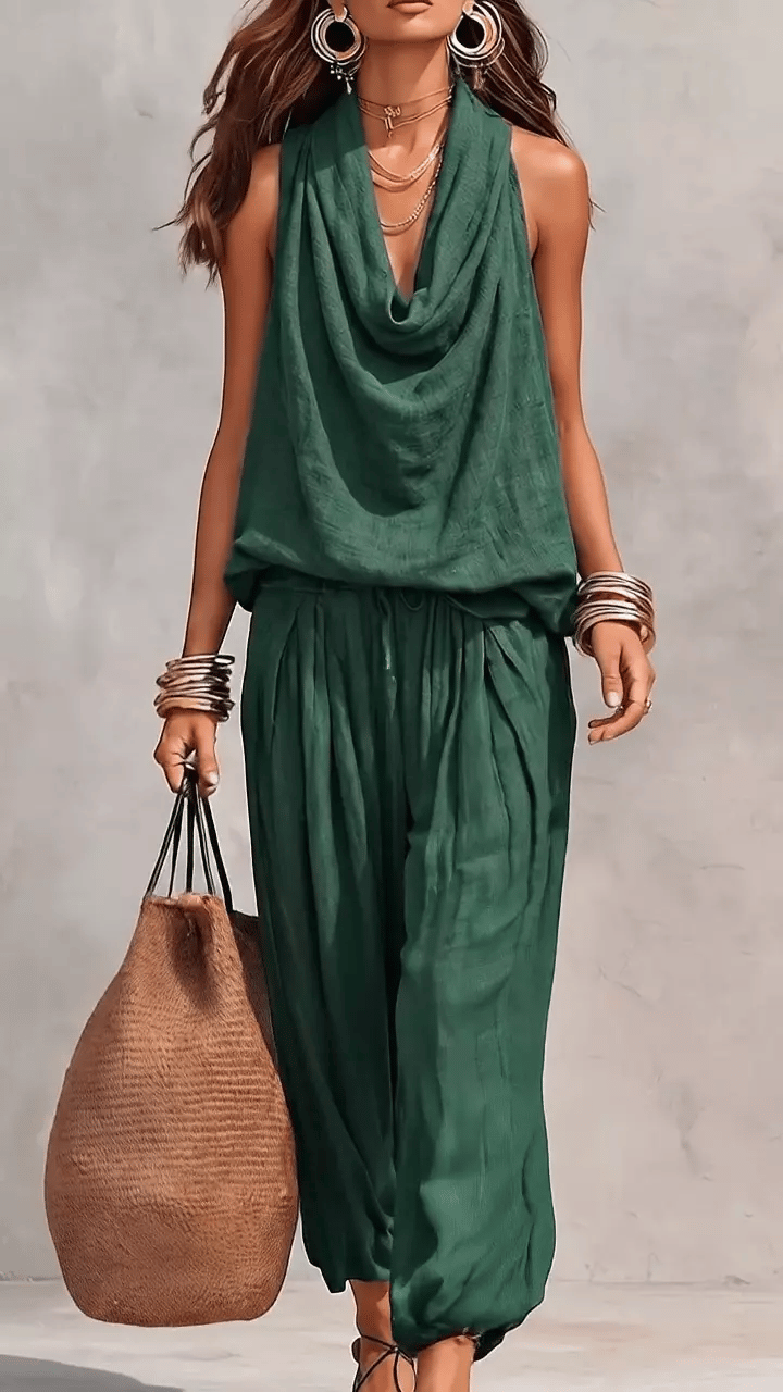 Women's Casual Halter-neck Wide-leg Jumpsuit With Cowl Neck