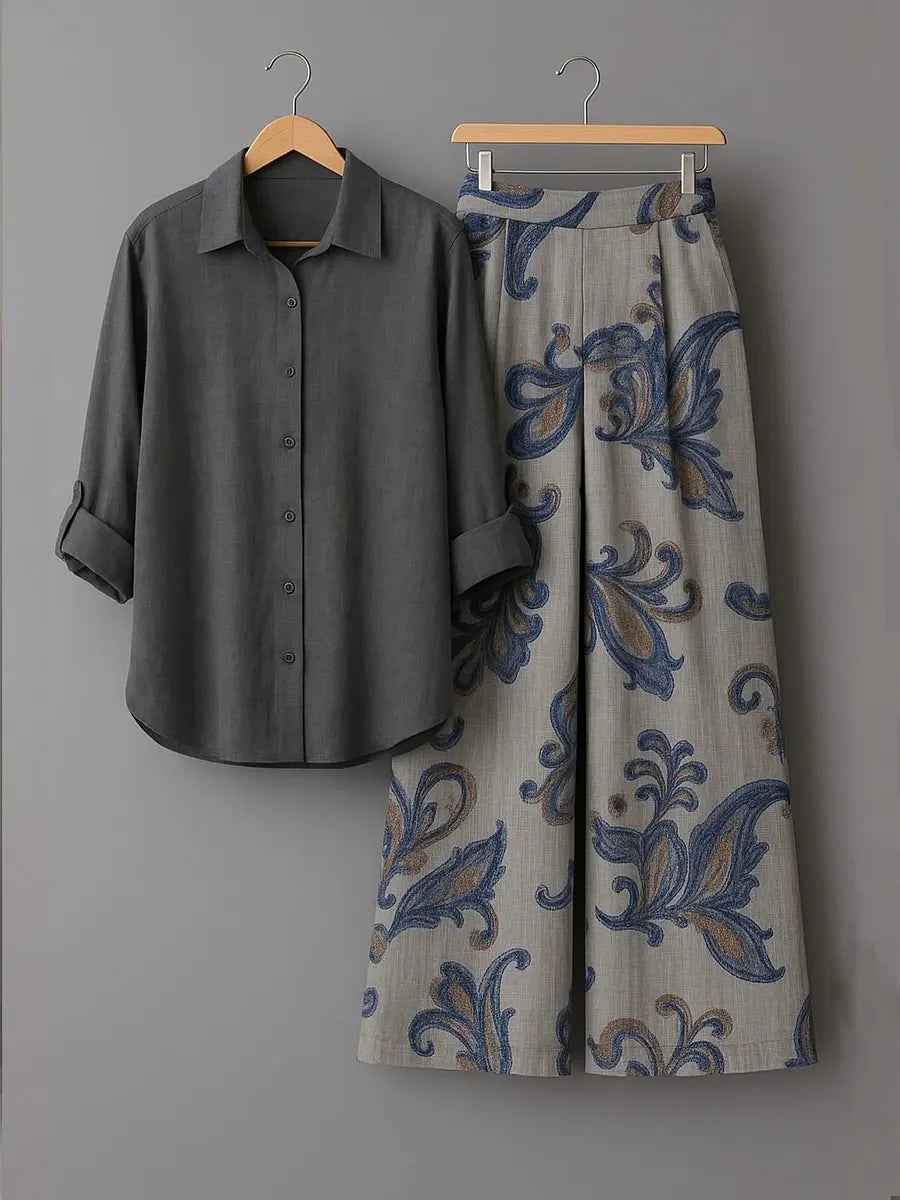 Effortless Bohemian Set – Relaxed Linen Shirt & Printed Wide-Leg Pants