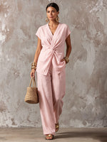 Elegant Pink Twisted-knot Top Cotton-linen Two-piece Set