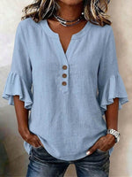 Women's Solid Color V-neck 3/4 Sleeve Casual Loose Cotton-linen Top