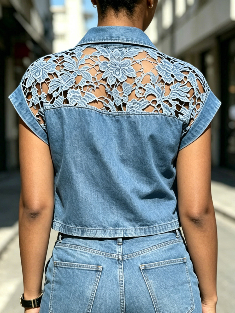 Women's Floral Hollow Art Casual Lapel Stylish Denim Patchwork Shirt